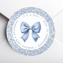Bow Baby Boy Shower Blue and White Floral Pattern