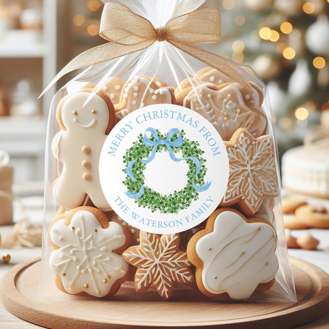Sticker Rond Bow bleu Noël Boxwood Wreath cadeau (Créateur téléchargé)