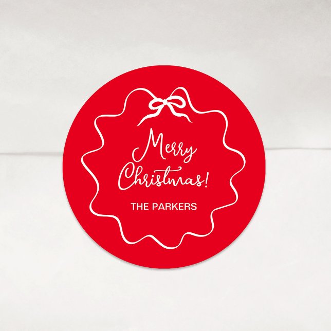 Sticker Rond Bow de Noël | Rouge et blanc ondulé (Créateur téléchargé)