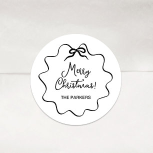 Sticker Rond Bow de Noël Whimsical Wavy noir et blanc