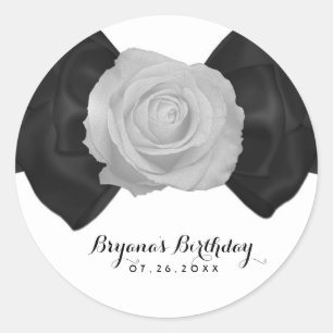 Sticker Rond Bow en ruban noir & Rose blanche Élégante Personna