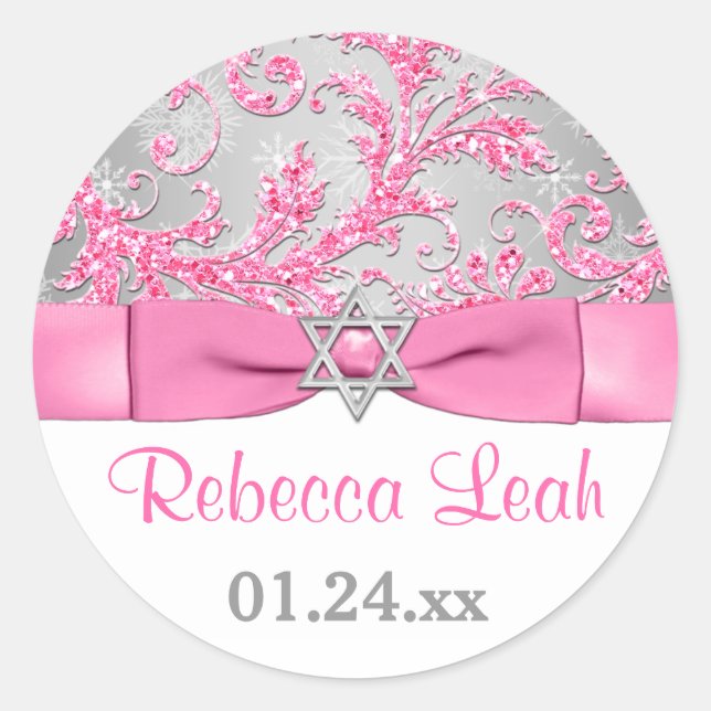 Sticker Rond Bow IMPRIMÉ - Wonderland Damask Bat mitzvah (Devant)