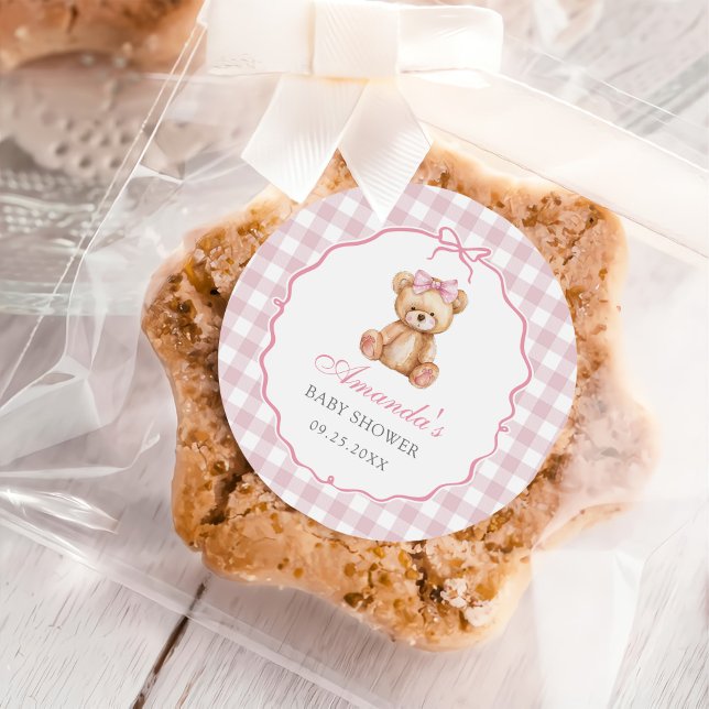 Sticker Rond Bow rose En vichy Teddy Bear Baby shower (Créateur téléchargé)
