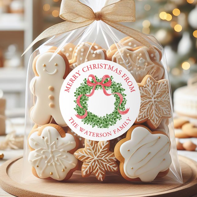 Sticker Rond Bow rouge Noël Boxwood Wreath Cadeau (Créateur téléchargé)