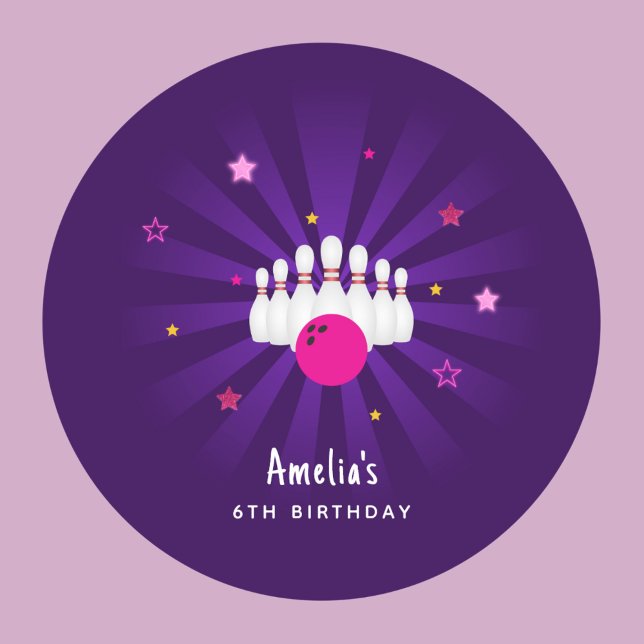 Sticker Rond Bowling Anniversaire Fête rose violet étoiles Favo (Créateur téléchargé)