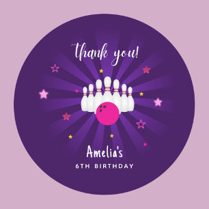 Sticker Rond Bowling Anniversaire rose violet étoiles Merci Fav