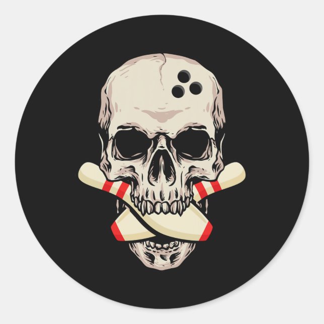Sticker Rond Bowling Pins Retro Skull Skeleton Head Bowling Bal (Devant)