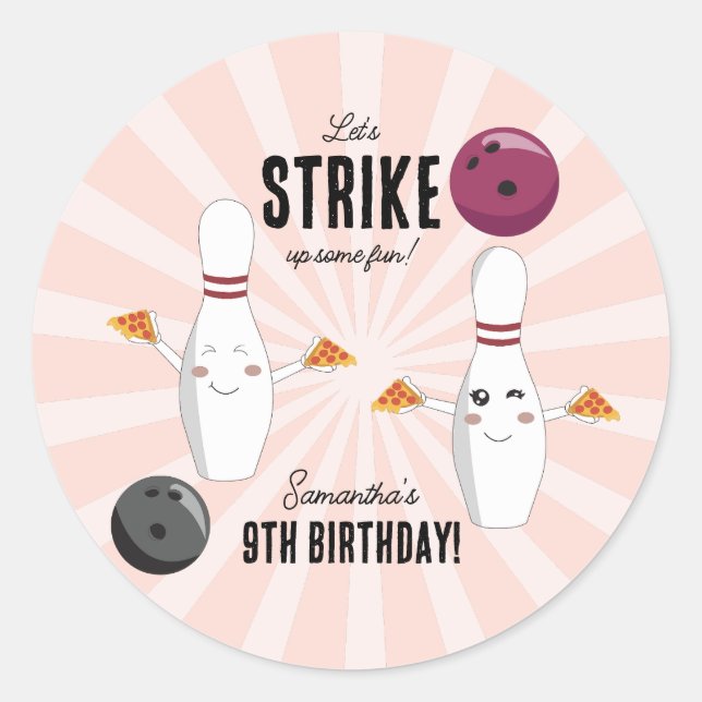 Sticker Rond Bowling Pizza Grève Un Anniversaire de enfant Amus (Devant)