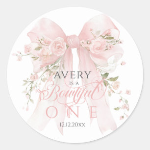 Sticker Rond Bowtiiful One 1er Anniversaire Fleurs Ruban Filles