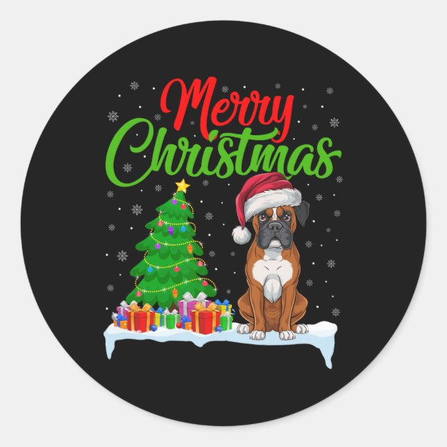 Sticker Rond Boxer Chien Feux de Noël Lumières Drôle Xmas Boxe  (Devant)