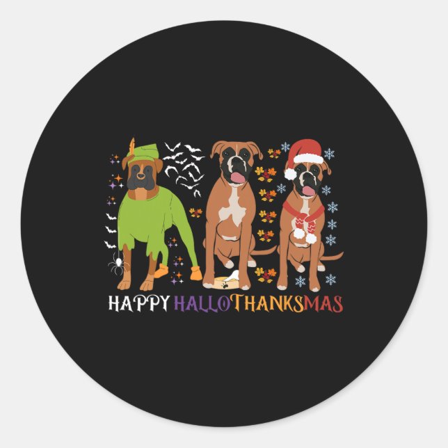 Sticker Rond Boxer Chien heureux Hallothanksmas Amoureux des ch (Devant)