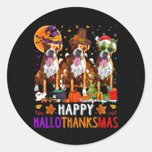 Sticker Rond Boxer Chien Heureux Hallothanksmas Halloween Noël
