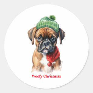 Sticker Rond Boxer Chien Noël X Mas cadeau de voeux Woofy Chris