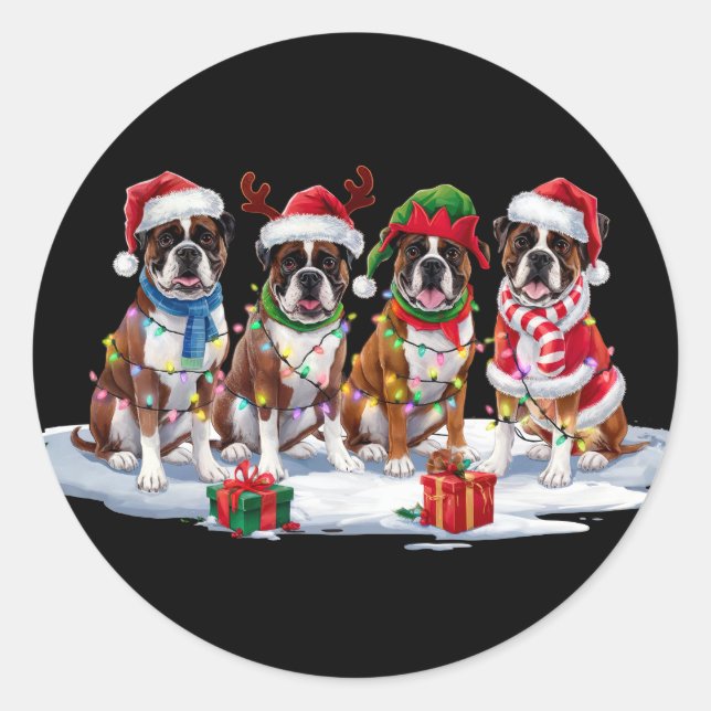 Sticker Rond Boxer chien Santa chapeau bois luge de Noël (Devant)