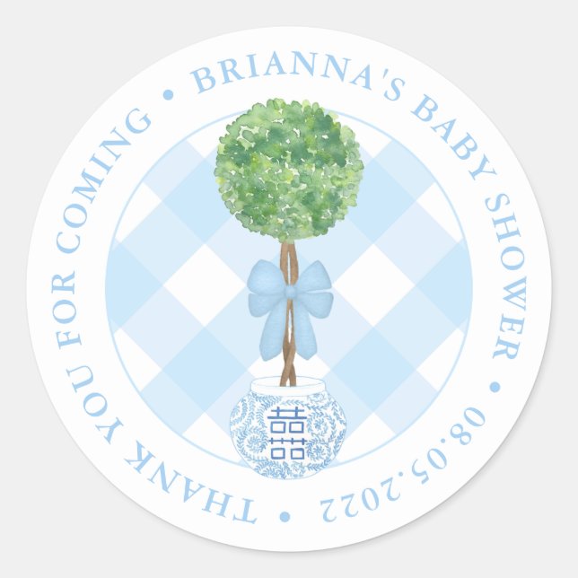 Sticker Rond Boxwood classique Topiary Baby shower bleu Merci (Devant)