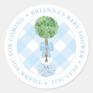Sticker Rond Boxwood classique Topiary Baby shower bleu Merci