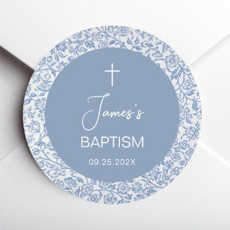 Sticker Rond Boy Baptism Blue White Floral Pattern Christening
