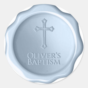 Sticker Rond Boy Baptism Dusty Blue Wax Seal Embossé Croix