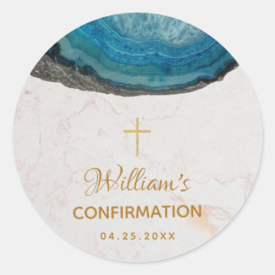 Sticker Rond Boy Confirmation Blue Geode Élégant Script Marble