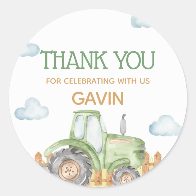 Sticker Rond Boy Green Tractor ferme fête d'anniversaire (Devant)