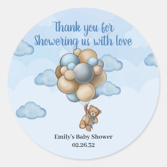 Sticker Rond Boy Teddy bear bleu brun beige ballons Classic R (Devant)