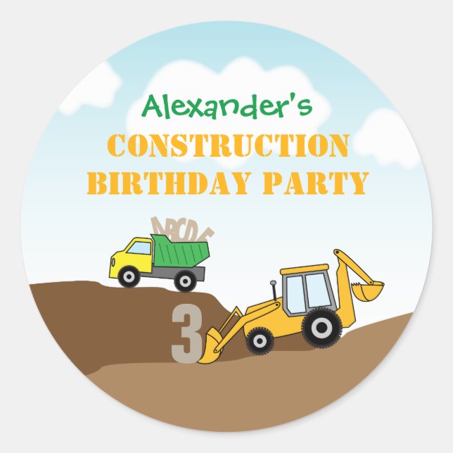 Sticker Rond Boy's Construction Digger TruckBirthday Party (Devant)