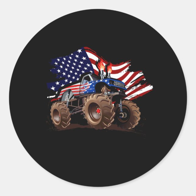 Sticker Rond Boys Monster Truck Lover American Flag Racing USA (Devant)
