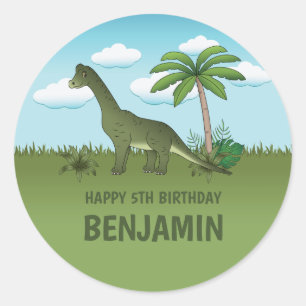 Sticker Rond Brachiosaure Dinosaure Avec Nom Anniversaire Tropi