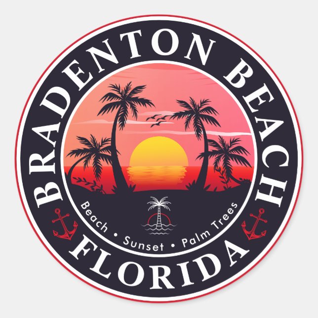 Sticker Rond Bradenton Florida Retro Sunset Palmiers 1960 (Devant)