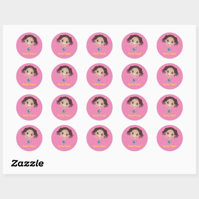 Sticker Rond Braided Girl "Party Time" (afro-américain) (Feuille)