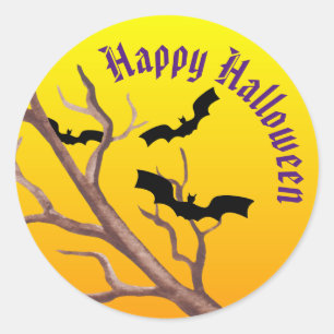 Sticker Rond Branche d'arbre tordu, chauves-souris et pleine lu