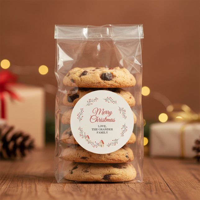 Sticker Rond Branche de Noël aux fruits de fête (Elegant Merry Christmas Classic Round Sticker)