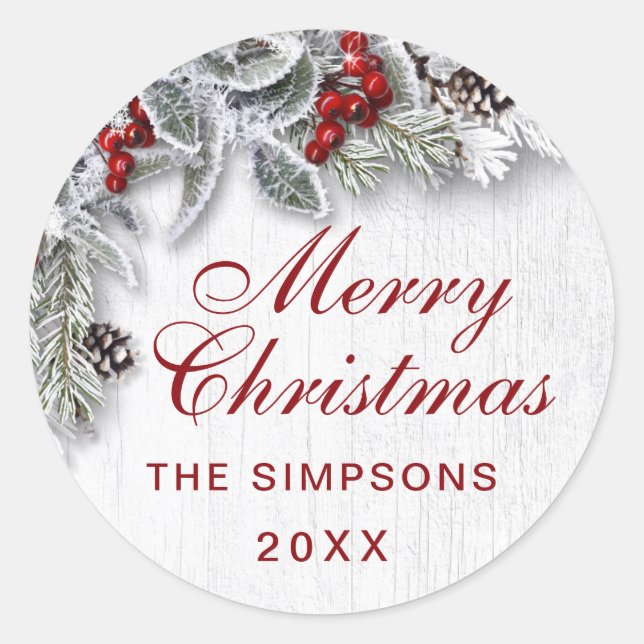 Sticker Rond Branche de pin de houx de Noël Rustique Fêtes (Devant)