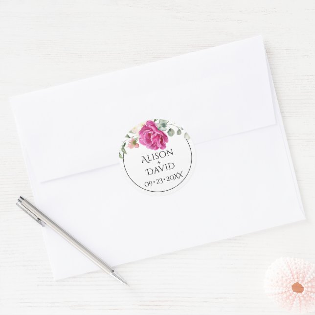 Sticker Rond Branche Eucalyptus rose fleurs rose rose mariage (Enveloppe)
