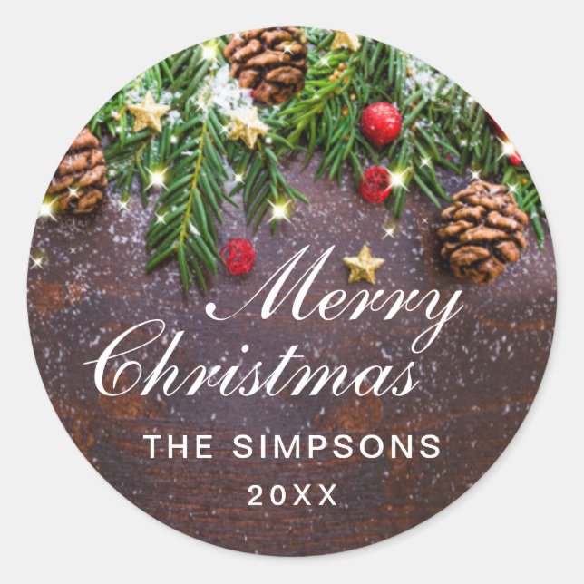 Sticker Rond Branches de cônes de pin rustique Joyeux Noël Fête (Devant)