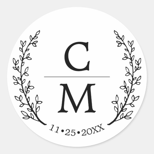 Sticker Rond Branches du Monogramme de Laurel noir blanc Mariag (Devant)