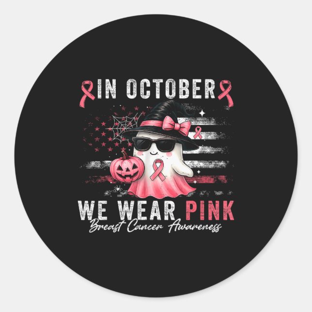 Sticker Rond Breast Cancer Halloween In October We Wear Nk Us F (Devant)