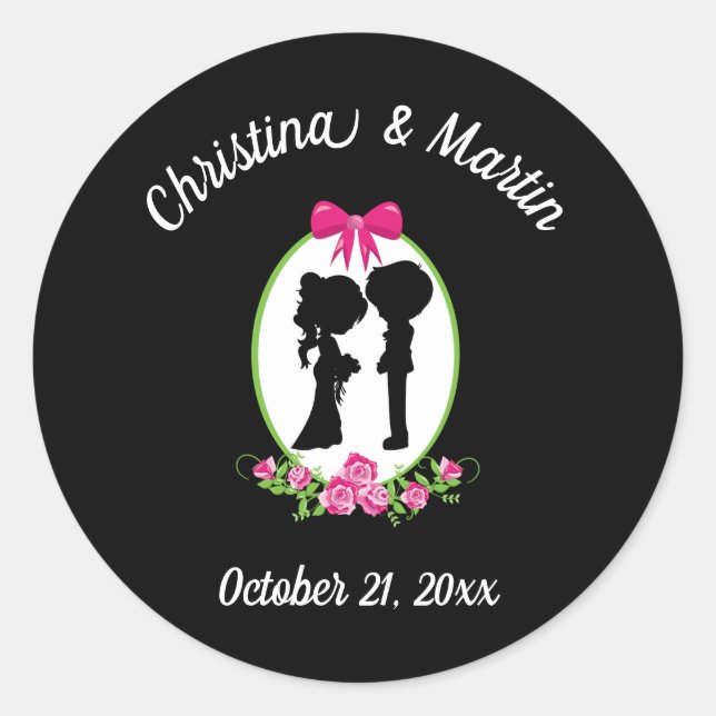 Sticker Rond Bride and Groom Silhouettes with Names (Devant)