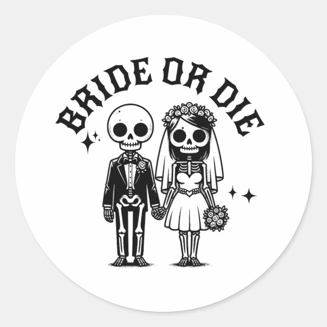 Sticker Rond bride or die bachelorette party floral skeletons (Devant)