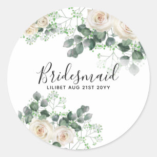 Sticker Rond Bridesmaid Cadeaux Roses Blanches Thème Personnali