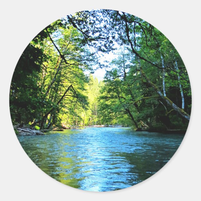 Sticker Rond Bright Blue River Under Green Trees à Washington (Devant)