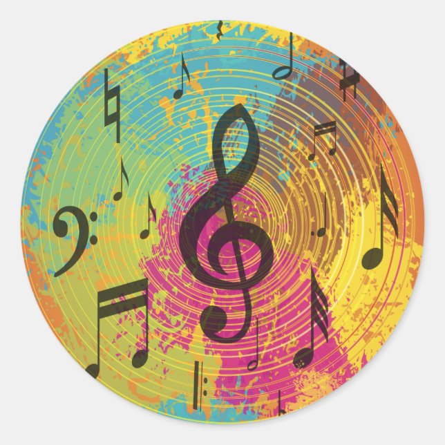 Sticker Rond Bright Music Notes sur l'explosion de couleur (Devant)