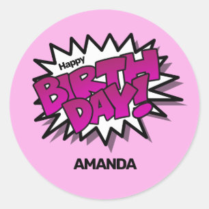 Sticker Rond Bright Pink Comic Text, Joyeux Anniversaire