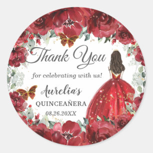 Sticker Rond Bright Red Floral Peony Butterflies Princess Favor