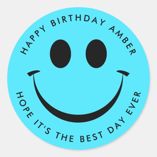 Sticker Rond Bright Turquoise Happy Face Anniversaire Amusant (Devant)