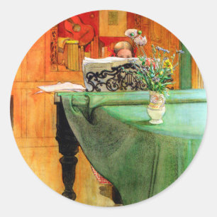 Sticker Rond Brita au piano de Carl Larsson, Art Vintage