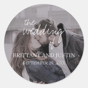 Sticker Rond Brittany White Script Photo Mariage Enveloppe Phoq