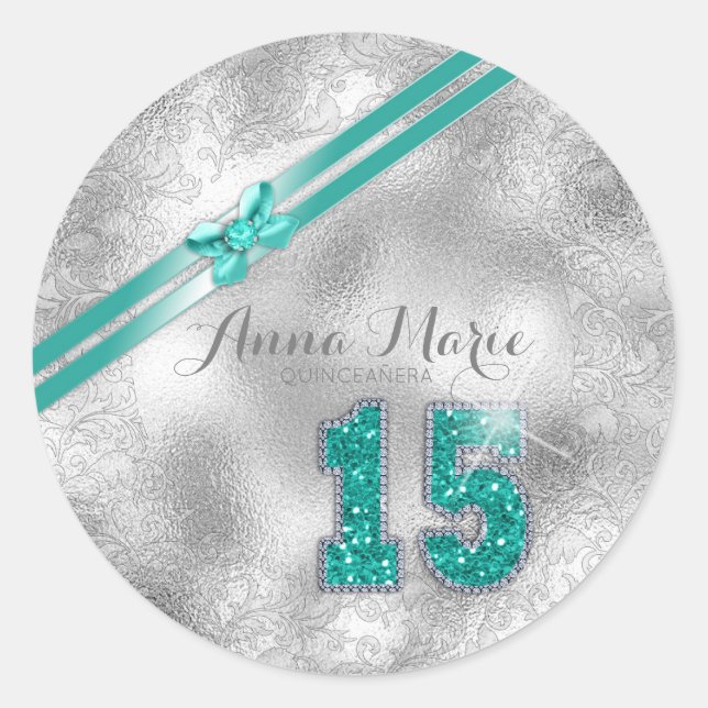 Sticker Rond Brocade Argent quinzième anniversaire ID Turquoise (Devant)