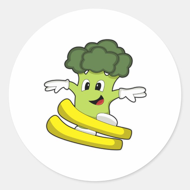 Sticker Rond Broccoli comme skieur avec ski (Devant)