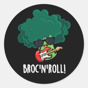 Sticker Rond Brock n Roll Funny Veggie Brocoli Pun Dark BG